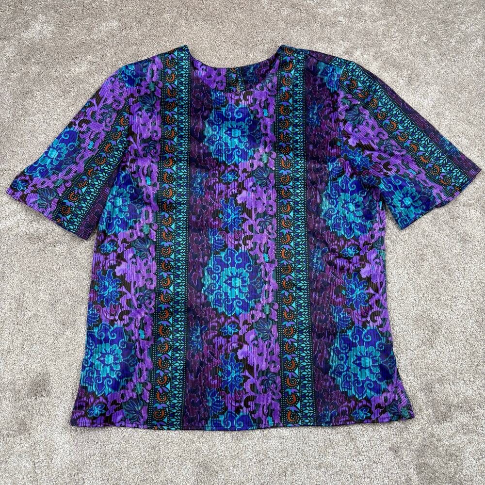 Vtg Handmade Purple Blue Medallion Print Blouse Size XL Boho Short Sleeve Top